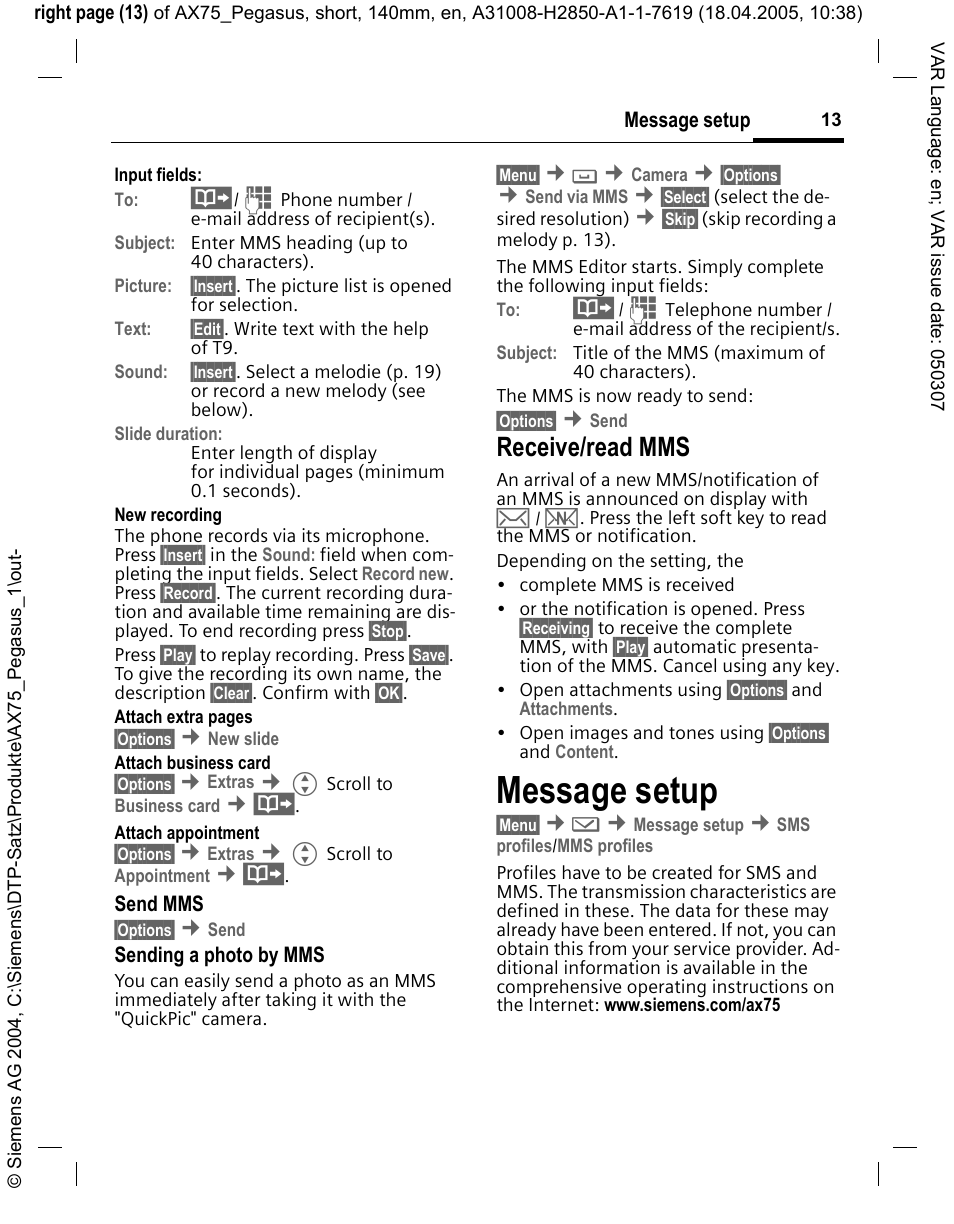 Message setup, Receive/read mms | Siemens AX75 User Manual | Page 14 / 28