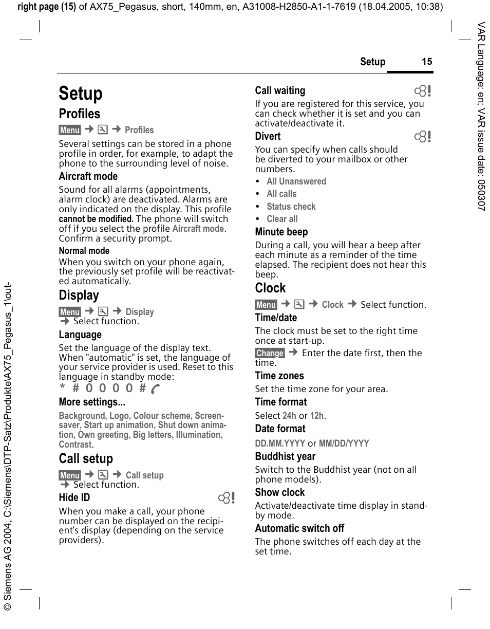 Setup, P. 15), See also p. 15) | Profiles, Display, Call setup, Clock | Siemens AX75 User Manual | Page 16 / 28