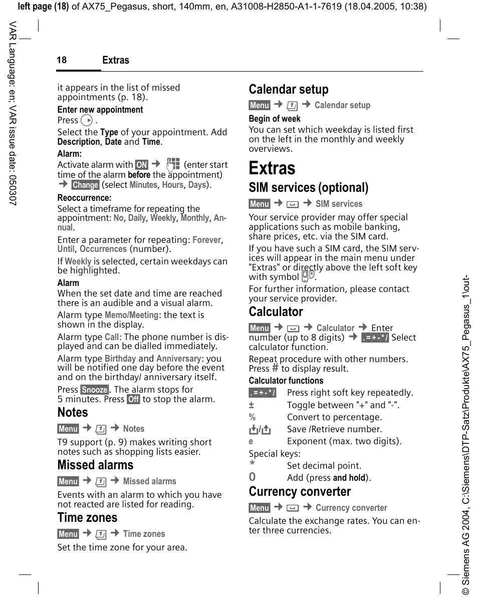 Notes, Missed alarms, Time zones | Calendar setup, Extras, Sim services (optional), Calculator, Currency converter, Sim services (option, Sim services | Siemens AX75 User Manual | Page 19 / 28