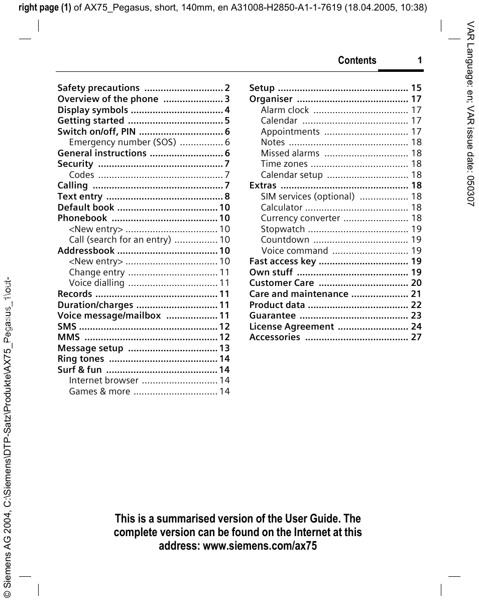 Siemens AX75 User Manual | Page 2 / 28