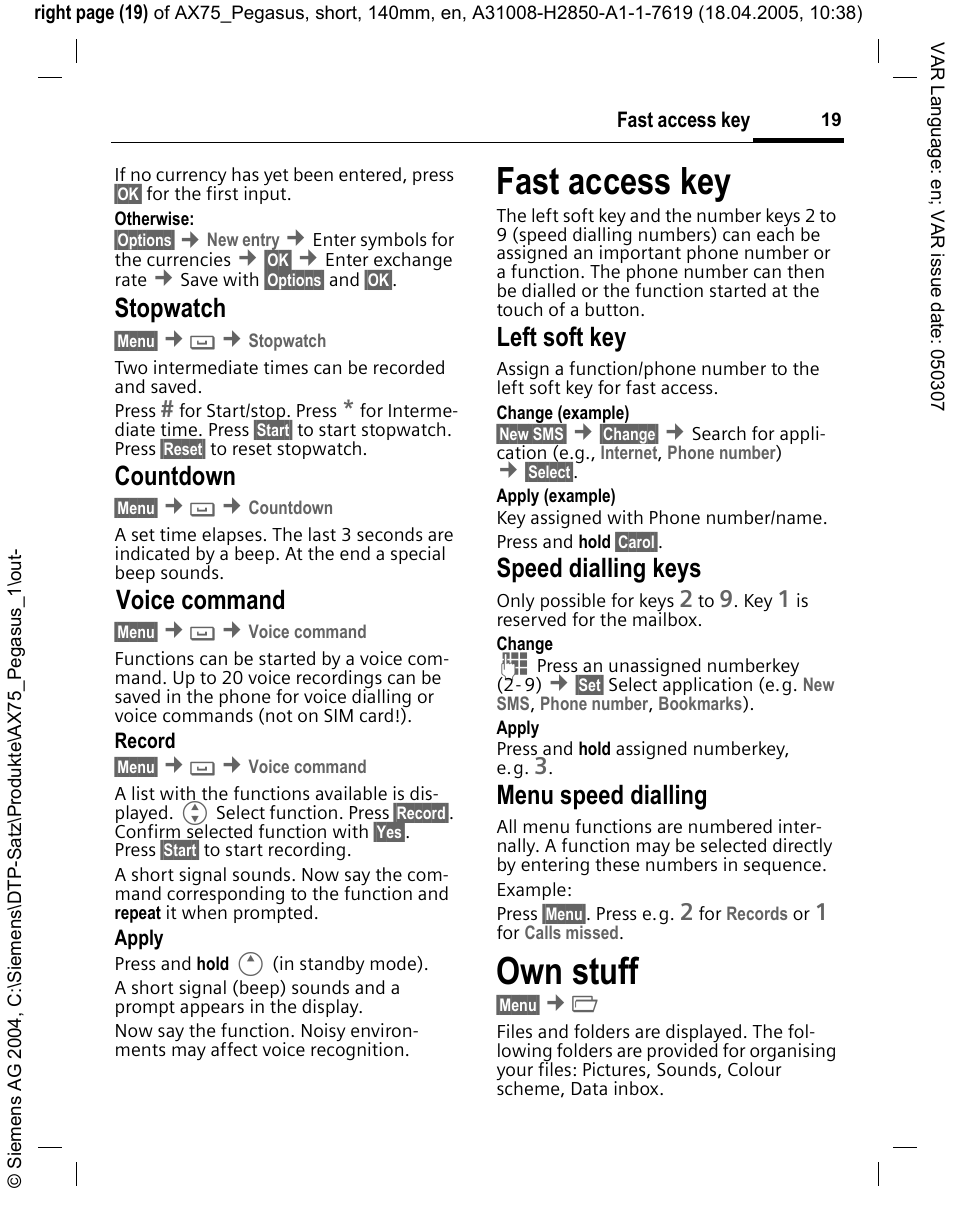 Stopwatch, Countdown, Voice command | Fast access key, Own stuff, Ds (p. 19) can, Left soft key, Speed dialling keys, Menu speed dialling | Siemens AX75 User Manual | Page 20 / 28