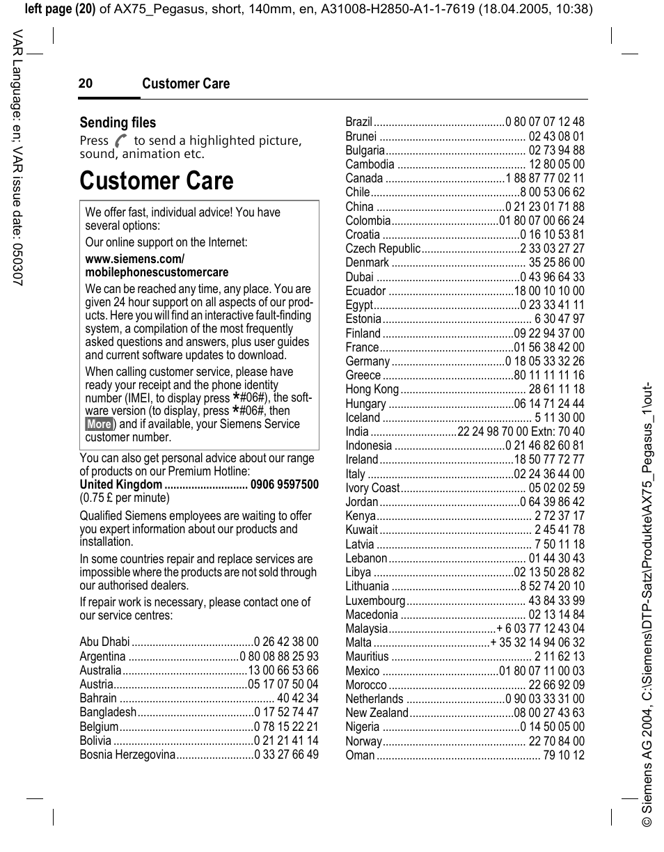 Customer care | Siemens AX75 User Manual | Page 21 / 28