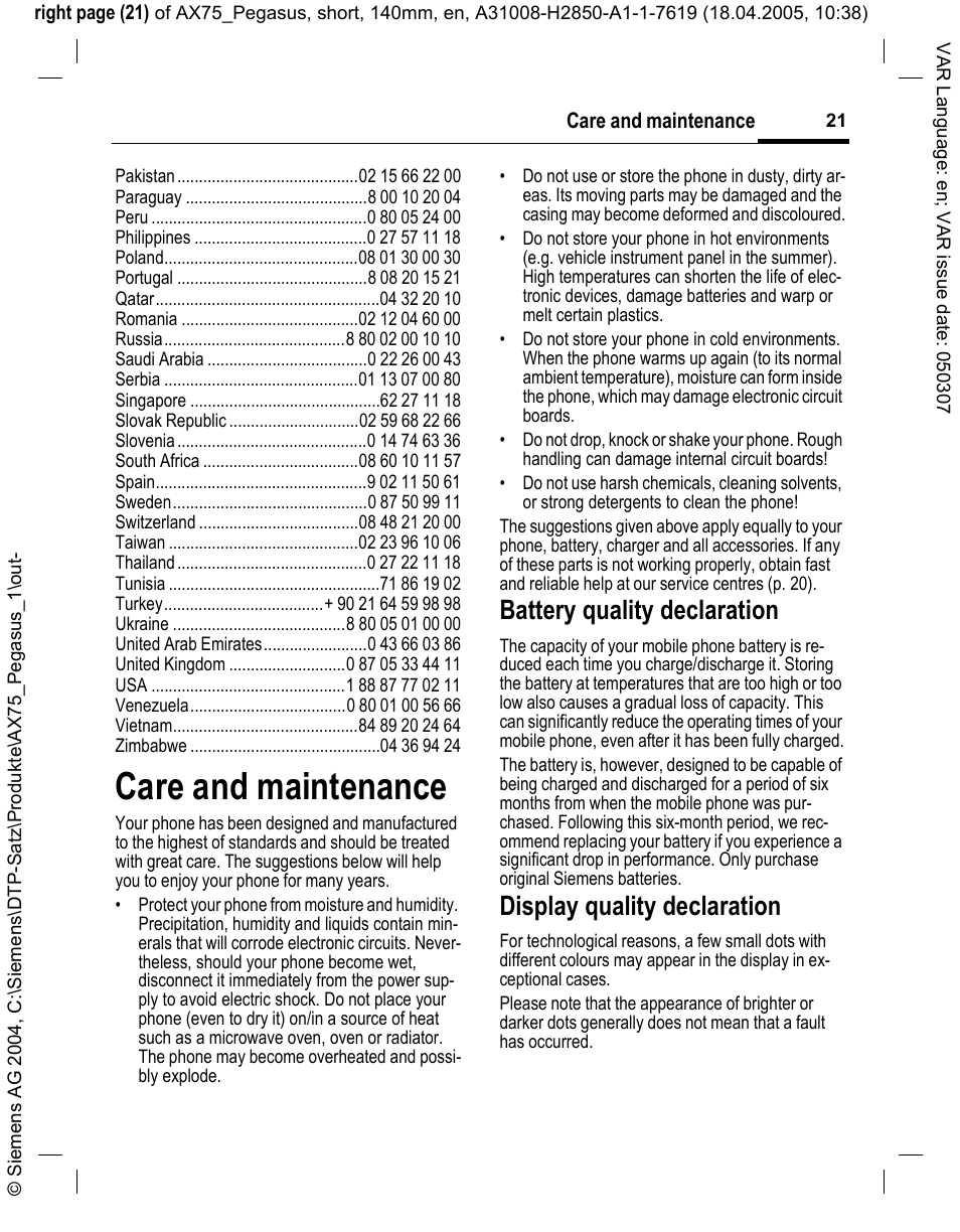 Care and maintenance, Battery quality declaration, Display quality declaration | Siemens AX75 User Manual | Page 22 / 28