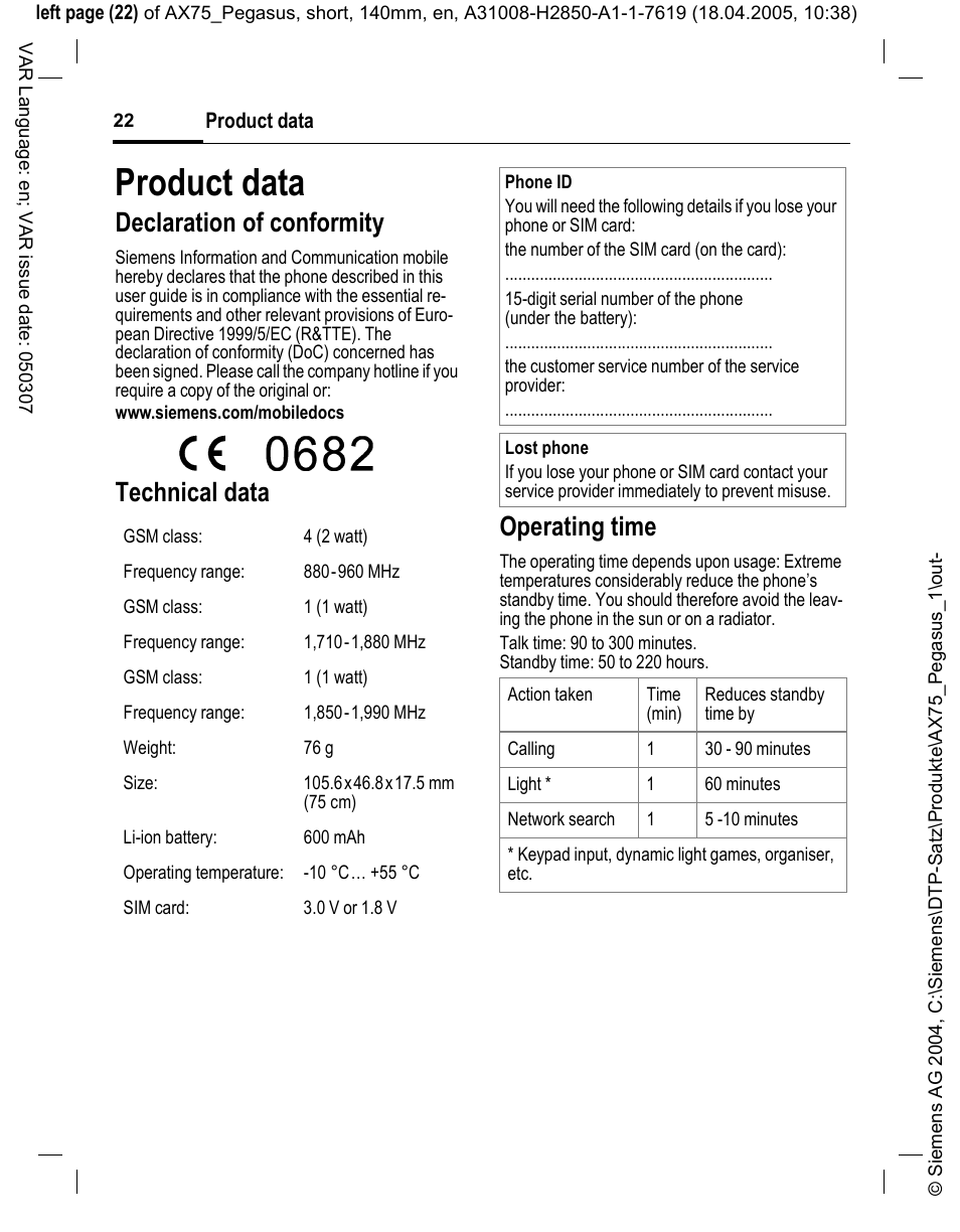 Product data, Declaration of conformity, Technical data operating time | Siemens AX75 User Manual | Page 23 / 28