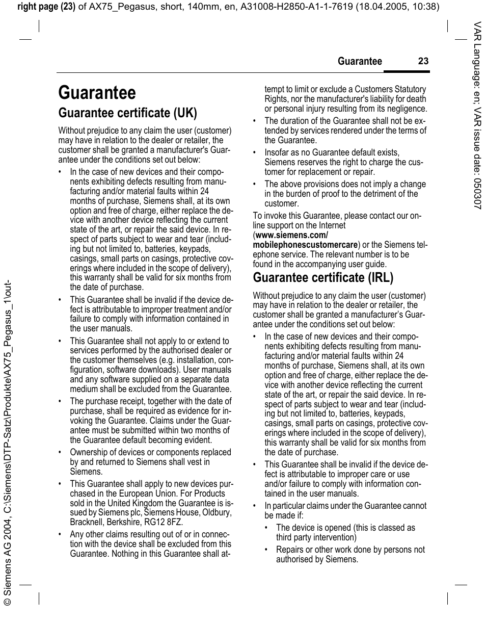 Guarantee, Guarantee certificate (uk), Guarantee certificate (irl) | Siemens AX75 User Manual | Page 24 / 28