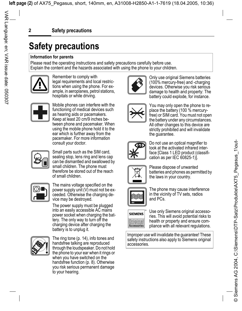 Safety precautions | Siemens AX75 User Manual | Page 3 / 28