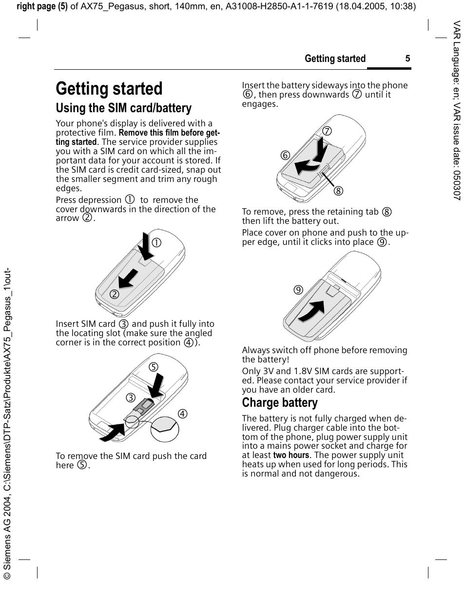 Getting started, Using the sim card/battery, Charge battery | Siemens AX75 User Manual | Page 6 / 28