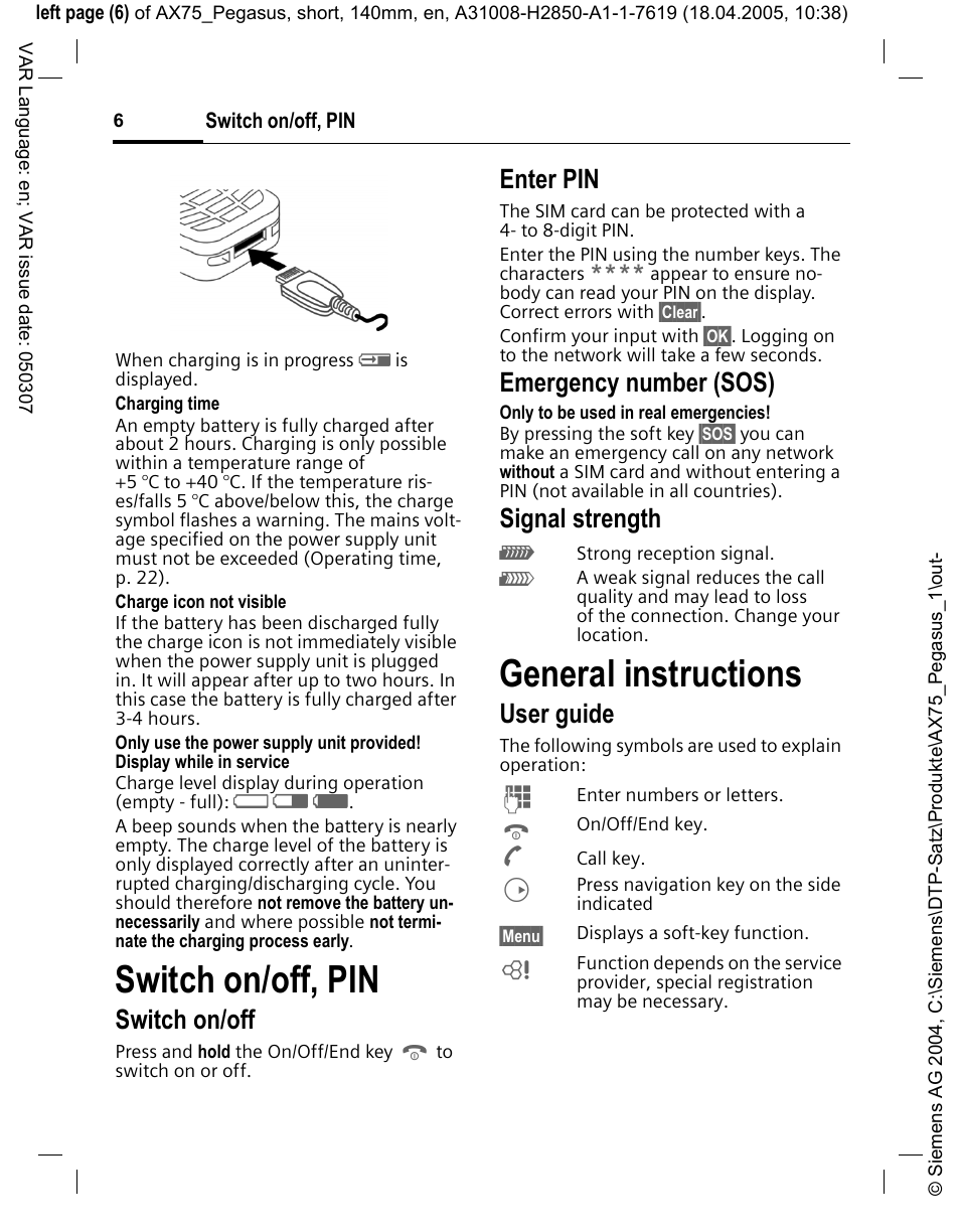 Switch on/off, pin, Emergency number (sos), General instructions | A d g, Switch on/off, Enter pin, Signal strength, User guide | Siemens AX75 User Manual | Page 7 / 28