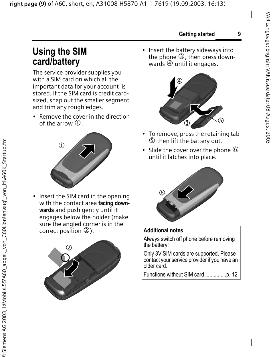 Using the sim card/battery | Siemens A60 User Manual | Page 10 / 62