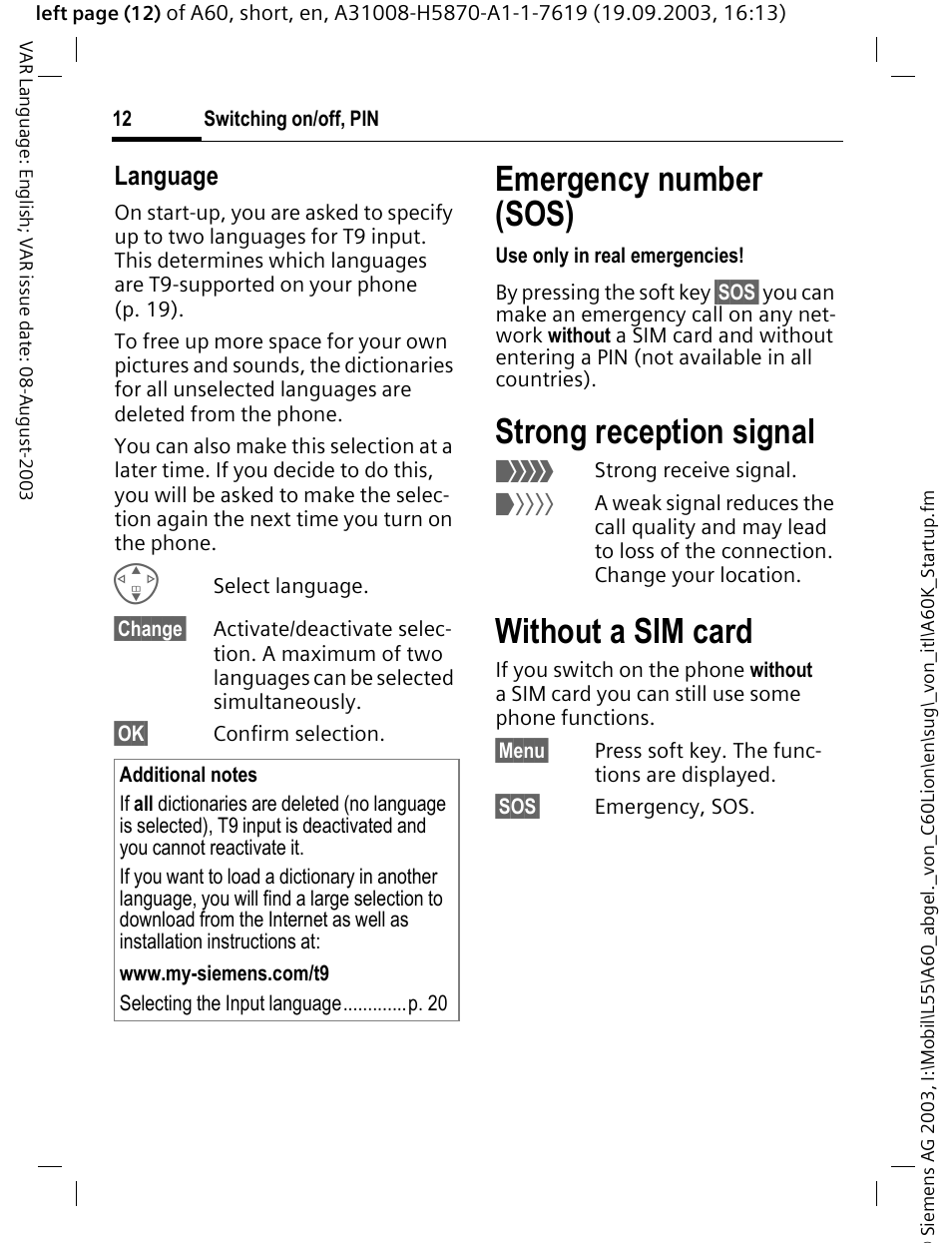 Strong reception signal, Without a sim card, Emergency number (sos) | Language | Siemens A60 User Manual | Page 13 / 62