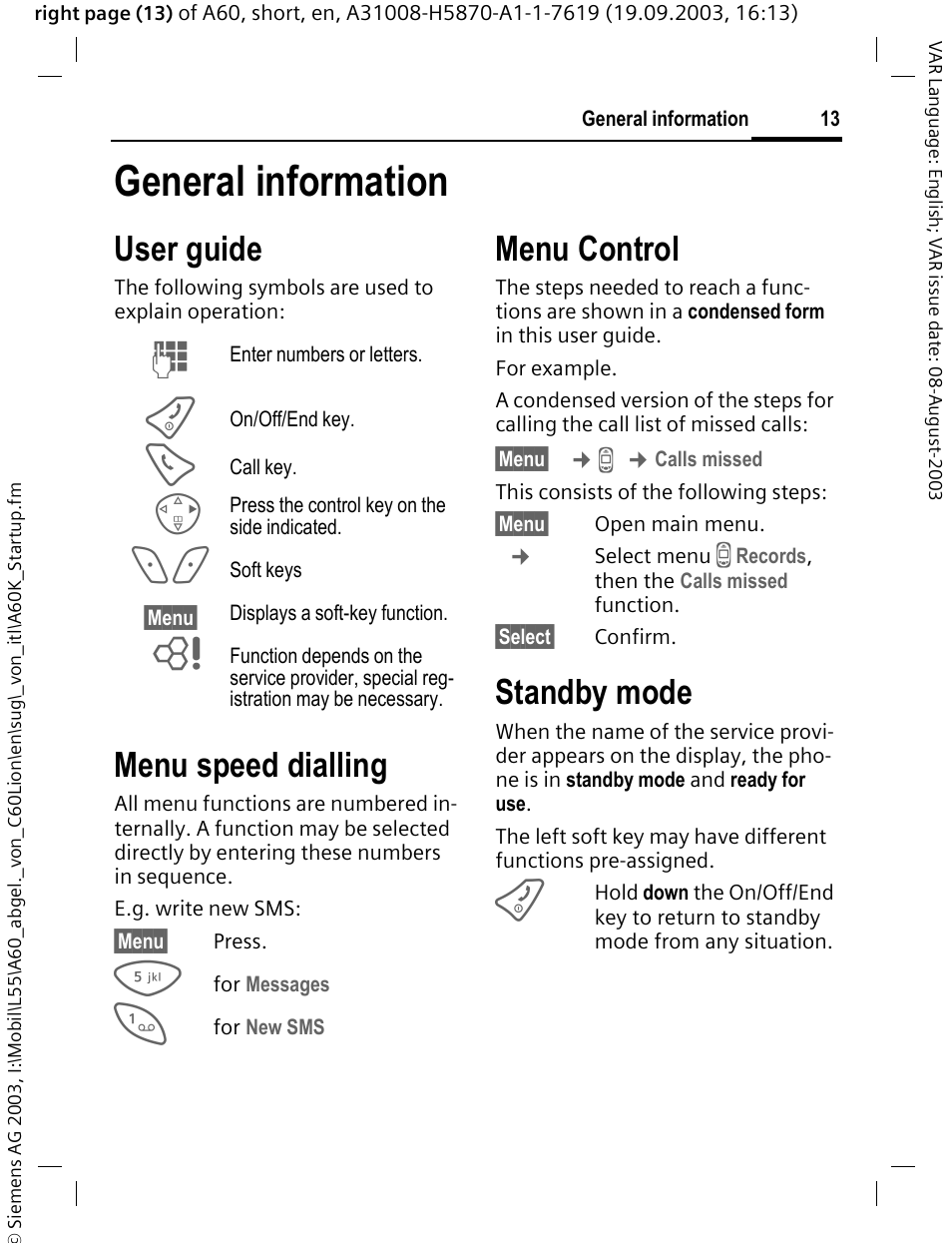General information, User guide, Menu control | Standby mode, Menu speed dialling | Siemens A60 User Manual | Page 14 / 62