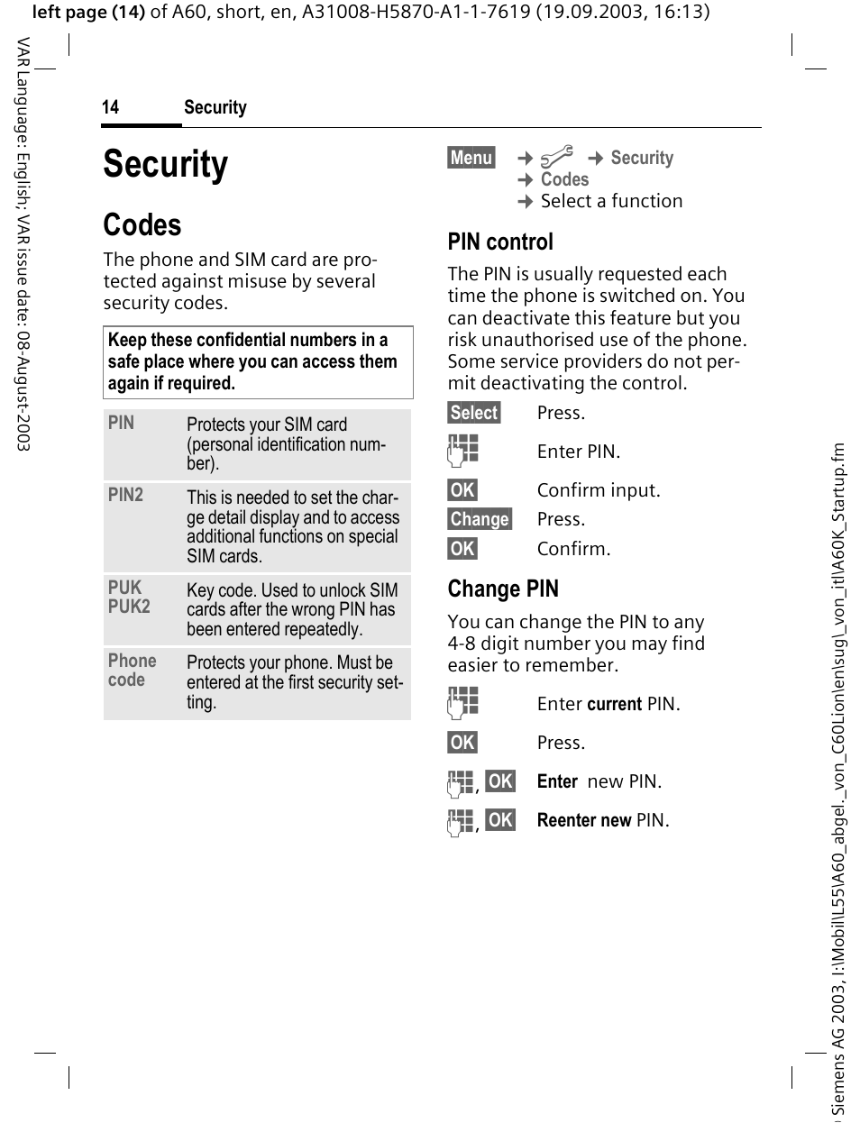 Security, Codes, P. 14 | Pin control, Change pin | Siemens A60 User Manual | Page 15 / 62