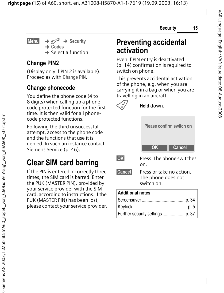 Clear sim card barring, P. 15, Preventing accidental activation | Change pin2, Change phonecode | Siemens A60 User Manual | Page 16 / 62