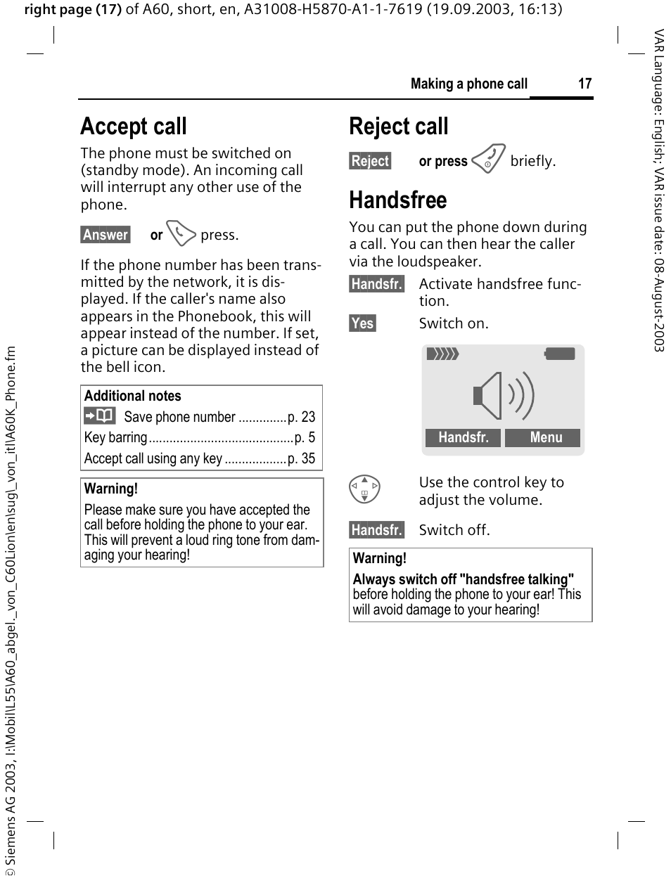 Accept call, Reject call, Handsfree | Siemens A60 User Manual | Page 18 / 62