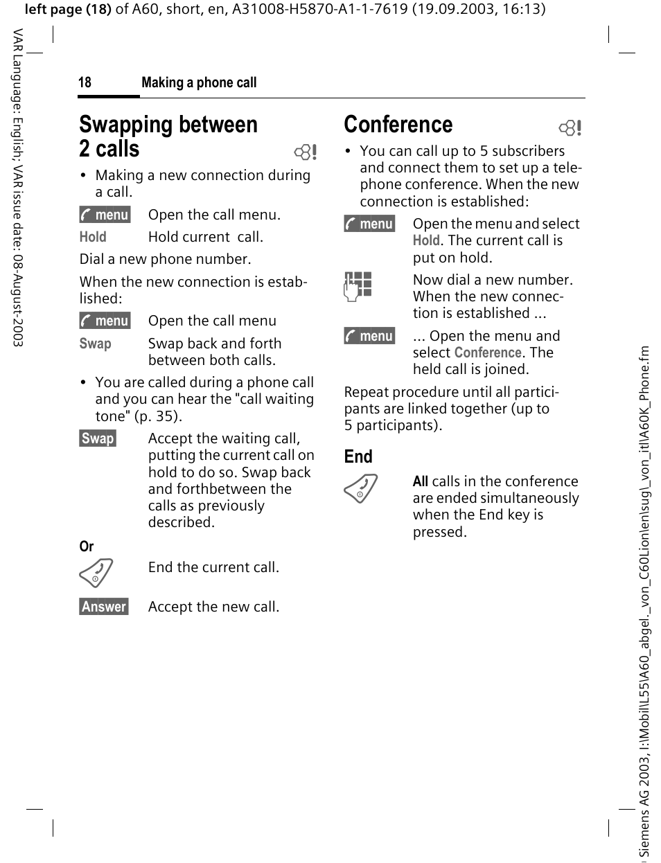 Swapping between 2 calls, Conference | Siemens A60 User Manual | Page 19 / 62