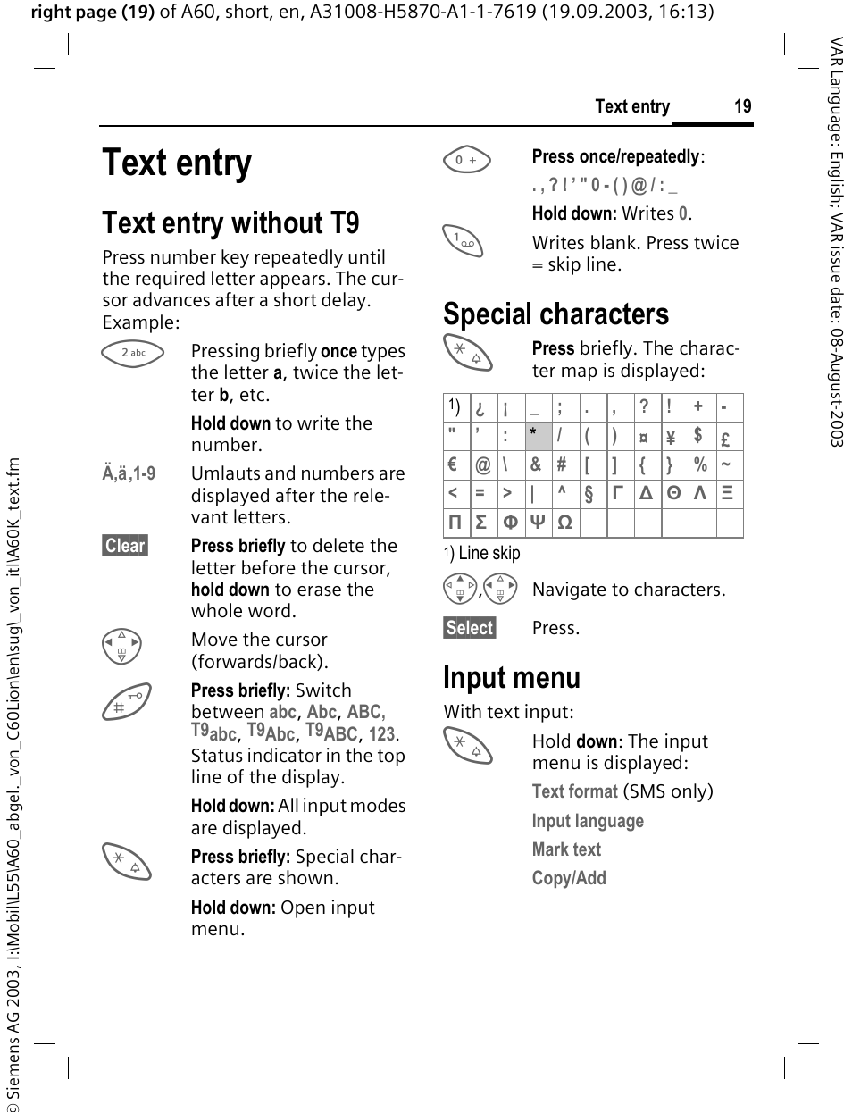 Text entry, Text entry without t9, Special characters | Input menu | Siemens A60 User Manual | Page 20 / 62