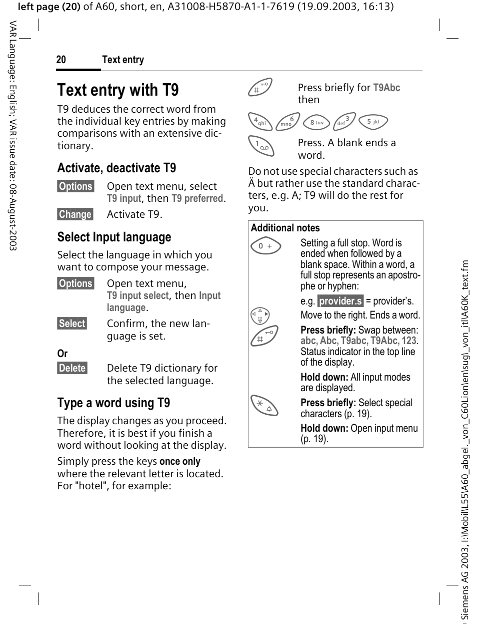 Text entry with t9, Activate, deactivate t9, Select input language | Type a word using t9 | Siemens A60 User Manual | Page 21 / 62