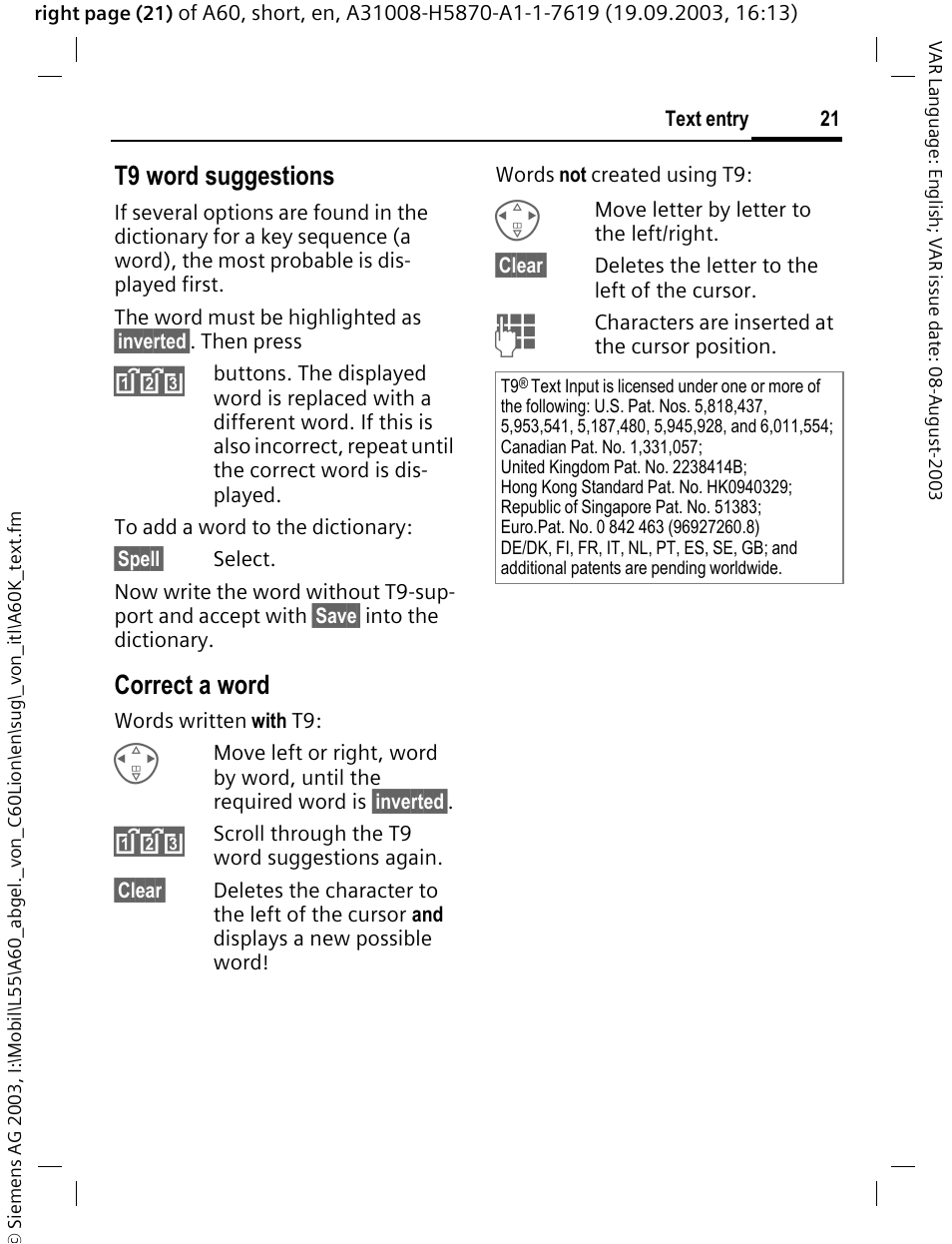 T9 word suggestions, Correct a word | Siemens A60 User Manual | Page 22 / 62