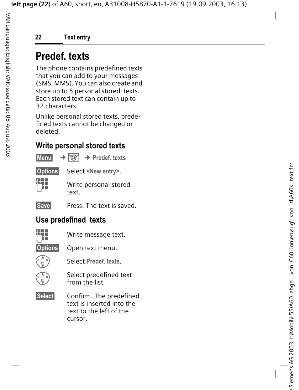 Predef. texts, Write personal stored texts, Use predefined texts | Siemens A60 User Manual | Page 23 / 62