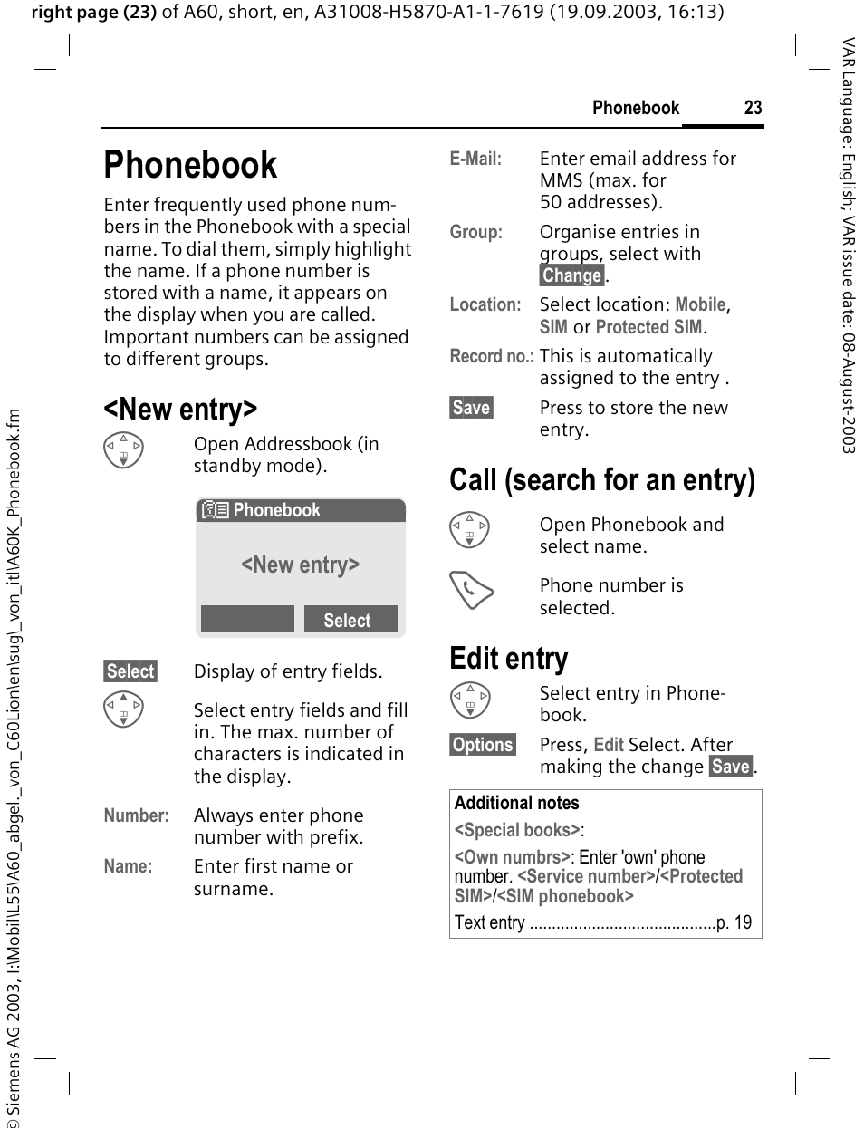 Phonebook, New entry, Call (search for an entry) | Edit entry | Siemens A60 User Manual | Page 24 / 62