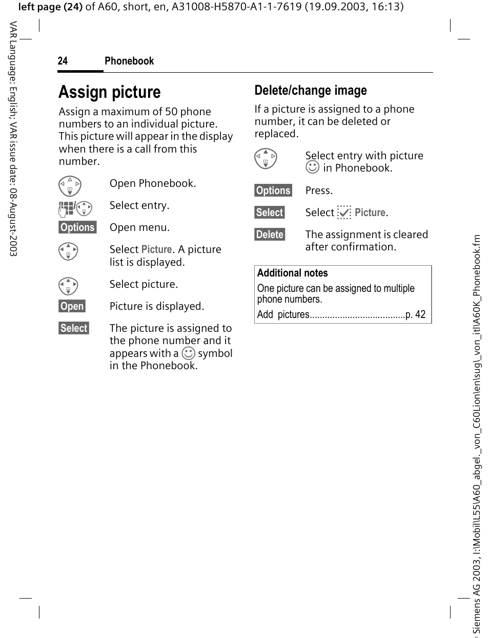 Assign picture, Delete/change image | Siemens A60 User Manual | Page 25 / 62