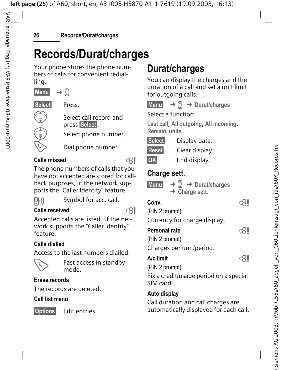 Records/durat/charges, Durat/charges, Charge sett | Siemens A60 User Manual | Page 27 / 62