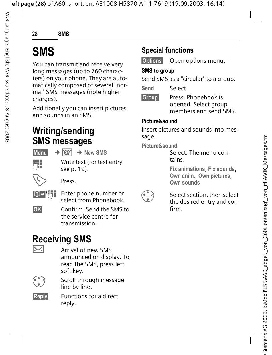 Writing/sending sms messages, Receiving sms, Special functions | Siemens A60 User Manual | Page 29 / 62