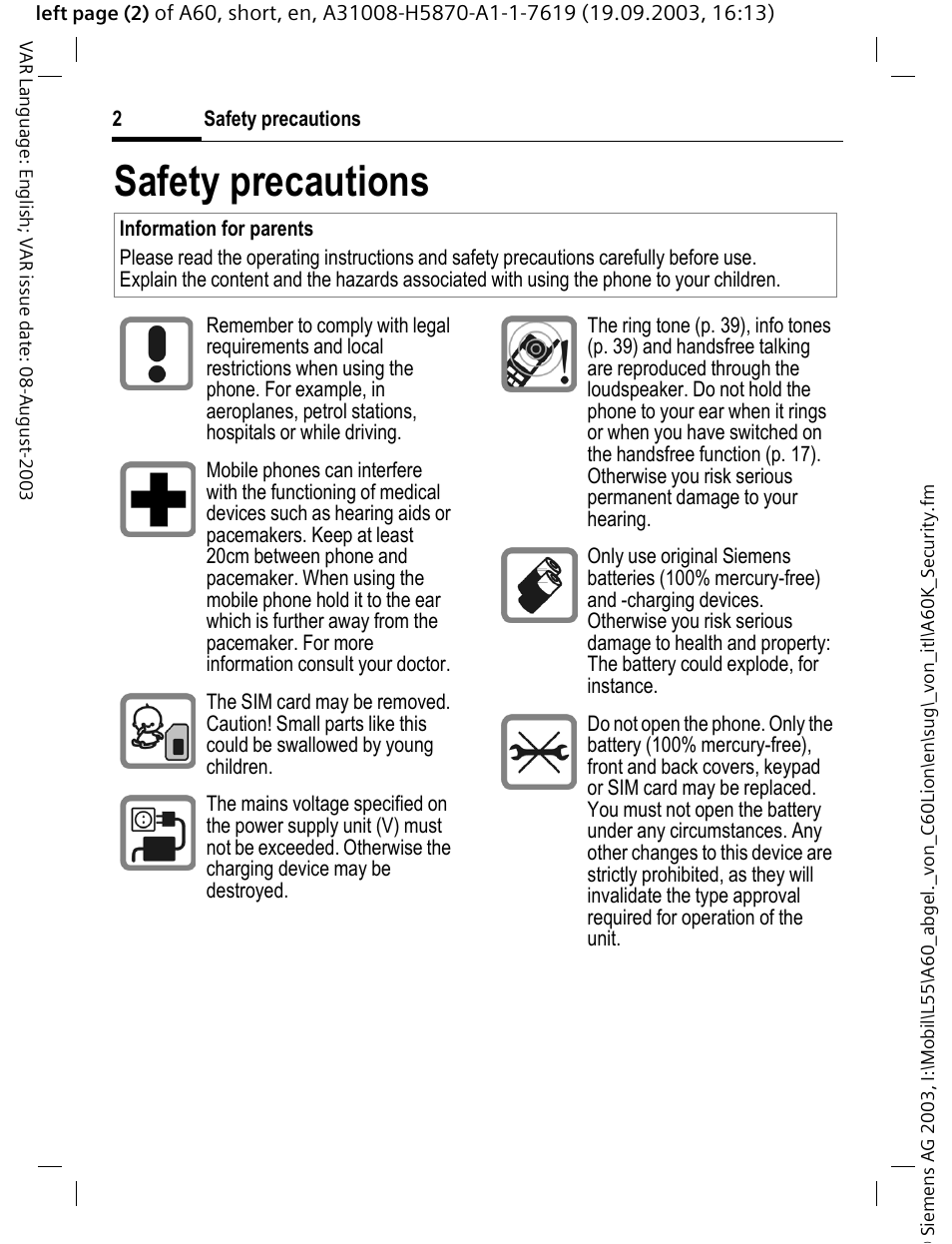 Safety precautions | Siemens A60 User Manual | Page 3 / 62