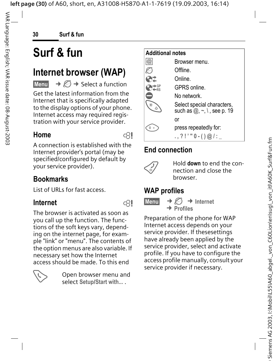 Surf & fun, Internet browser (wap), Home b | Bookmarks, Internet b, End connection, Wap profiles | Siemens A60 User Manual | Page 31 / 62