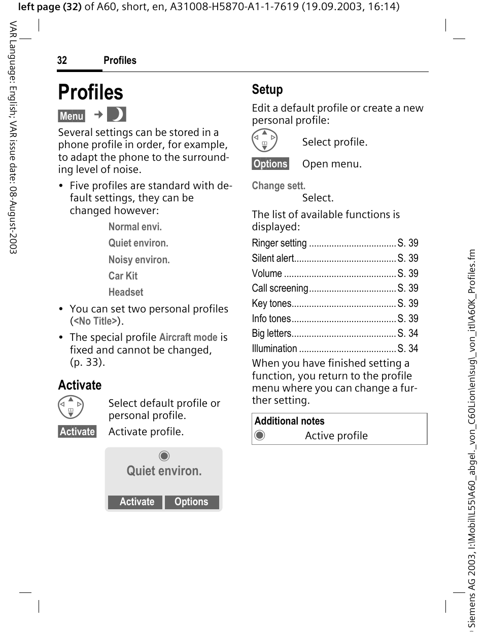 Profiles, Activate, Setup | Quiet environ | Siemens A60 User Manual | Page 33 / 62