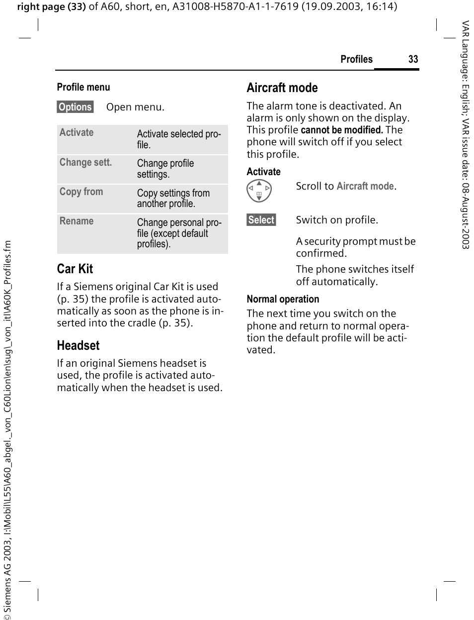 P. 33), Car kit, Headset | Aircraft mode | Siemens A60 User Manual | Page 34 / 62