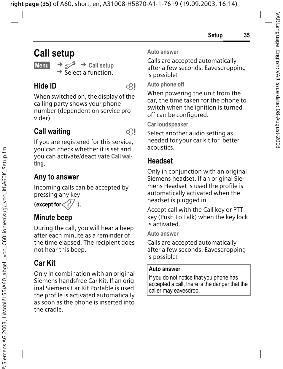 Call setup, Hide id b, Call waiting b | Any to answer, Minute beep, Car kit, Headset | Siemens A60 User Manual | Page 36 / 62