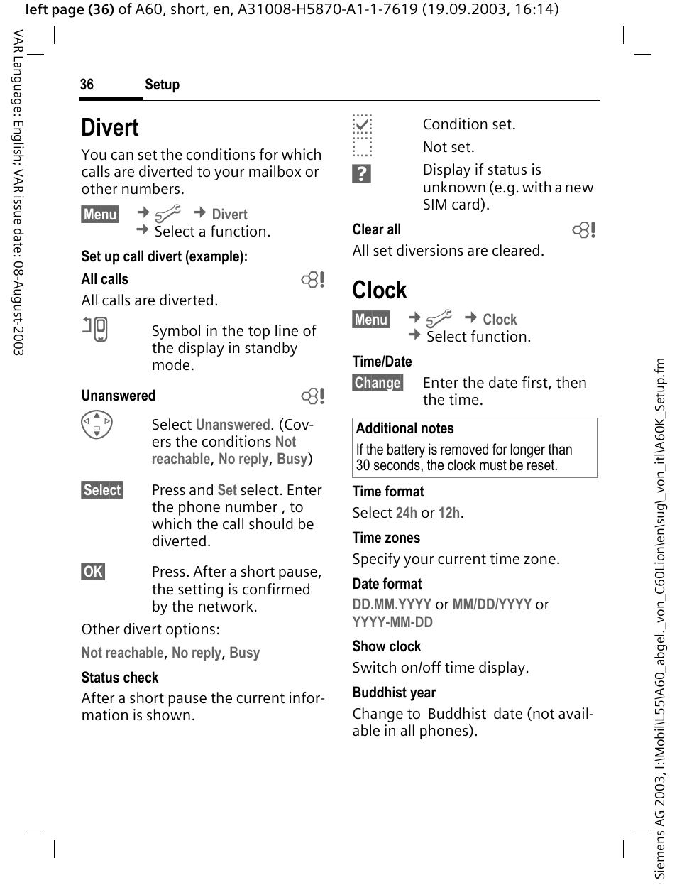 P. 36, Divert, Clock | Siemens A60 User Manual | Page 37 / 62