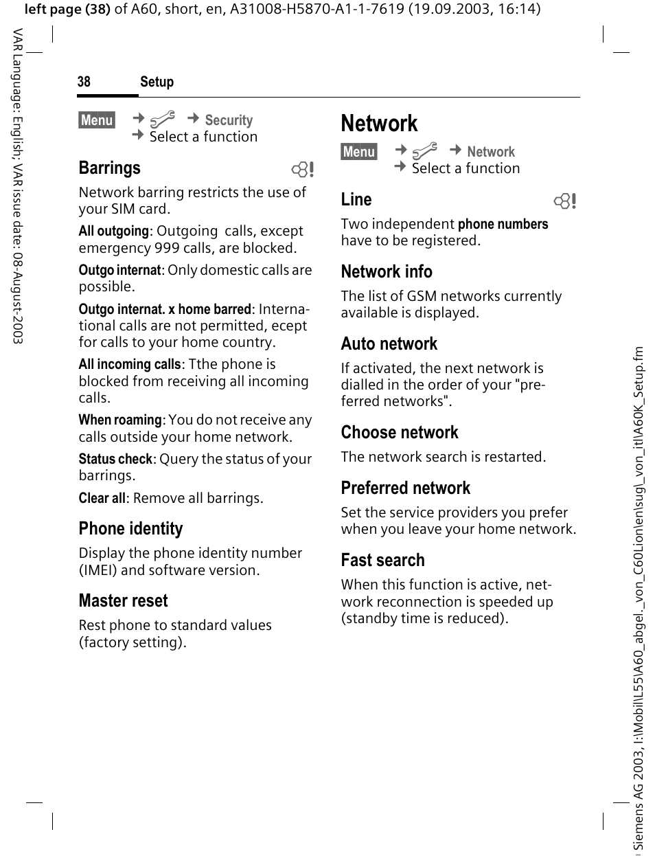 Network, Barrings b, Phone identity | Master reset, Line b, Network info, Auto network, Choose network, Preferred network, Fast search | Siemens A60 User Manual | Page 39 / 62