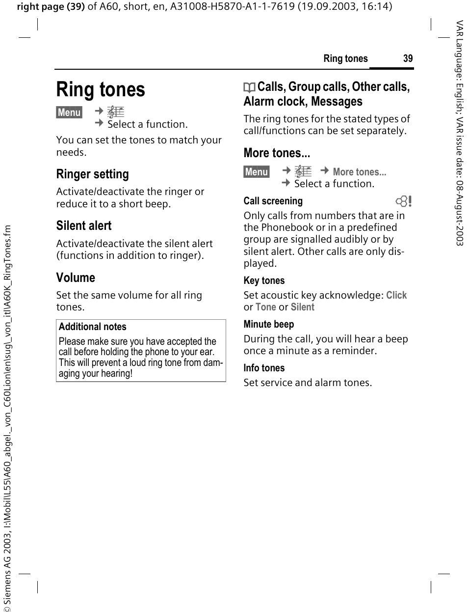 Ring tones, S. 39, Ringer setting | Silent alert, Volume, More tones | Siemens A60 User Manual | Page 40 / 62