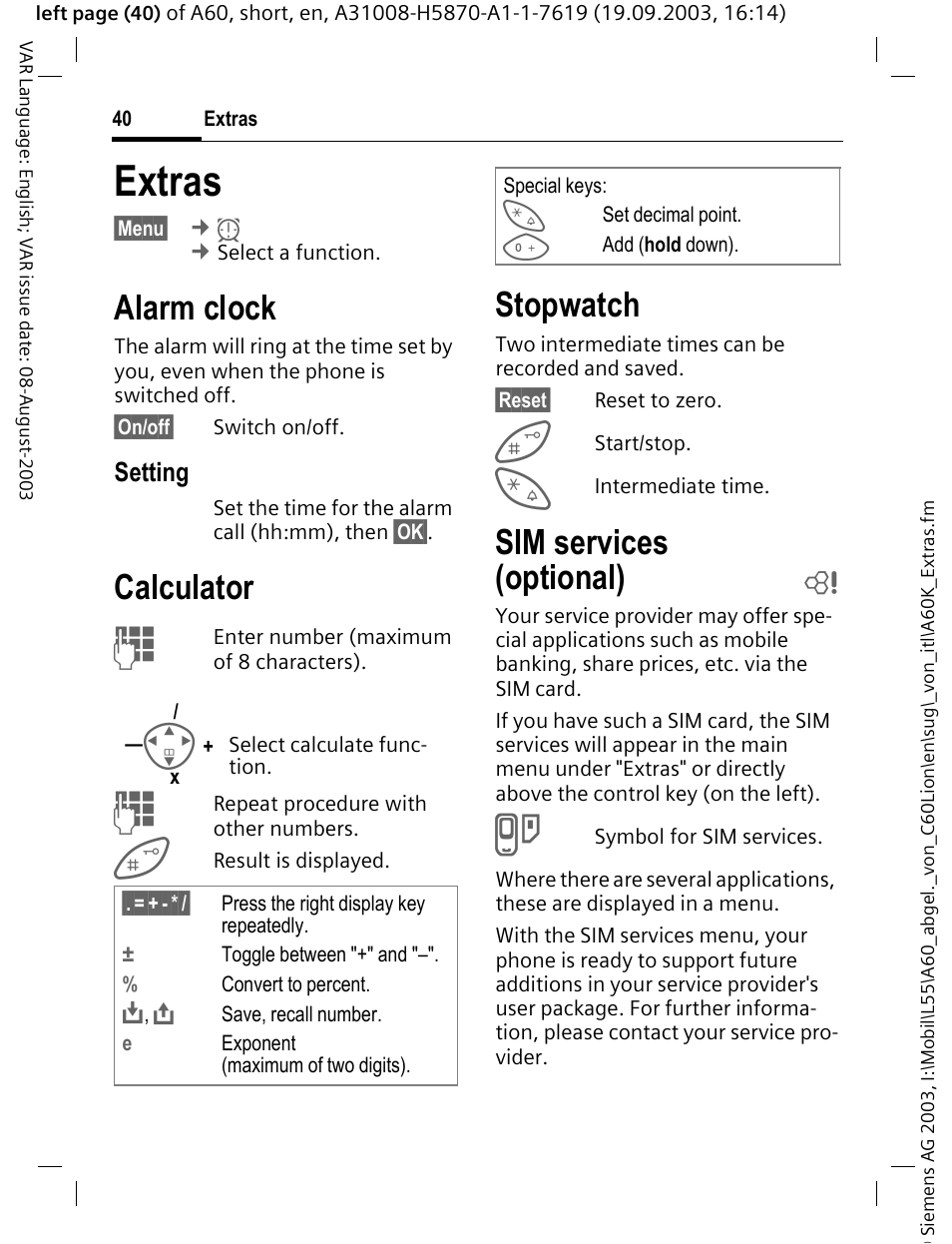 Extras, Alarm clock, Calculator | Stopwatch, Sim services (optional) b, Sim services, P. 40, Optional) | Siemens A60 User Manual | Page 41 / 62