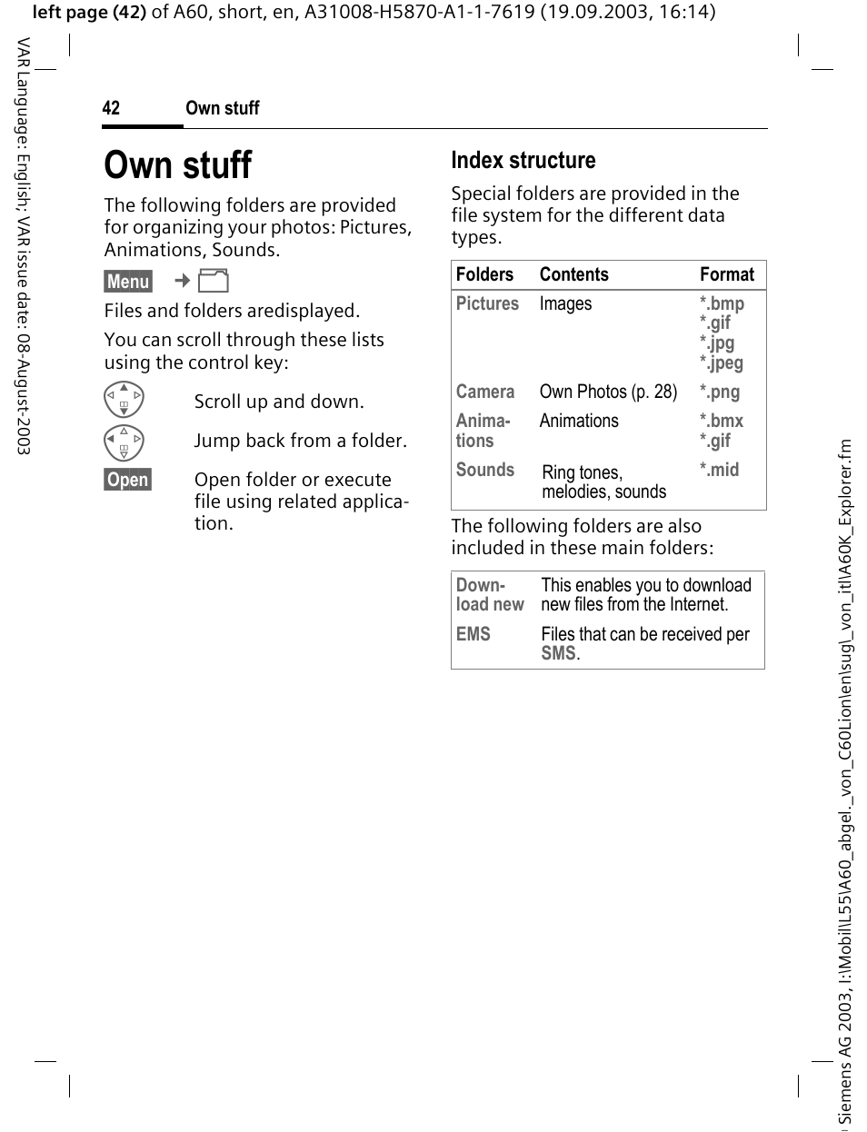 Own stuff, Index structure | Siemens A60 User Manual | Page 43 / 62