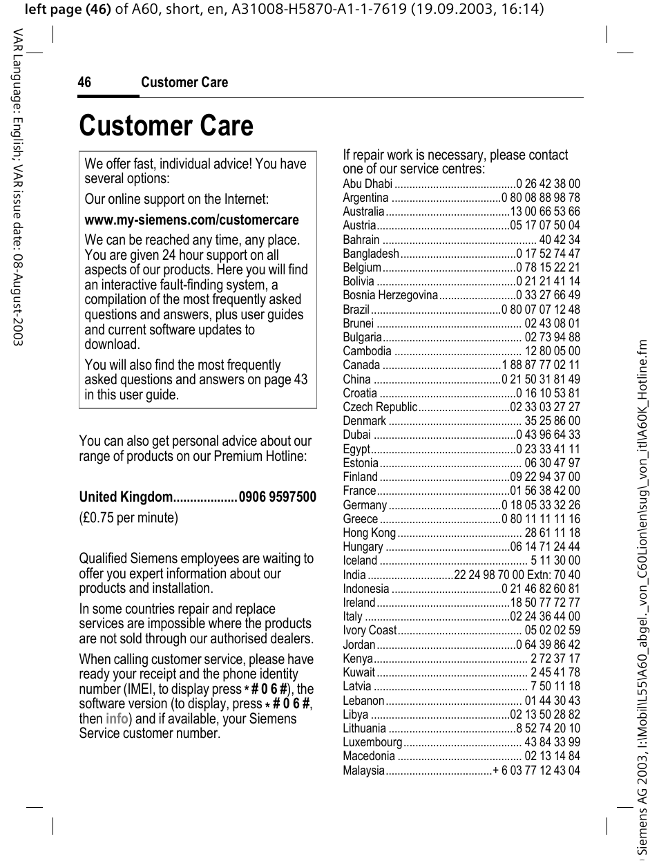 Customer care, E (p. 46) | Siemens A60 User Manual | Page 47 / 62