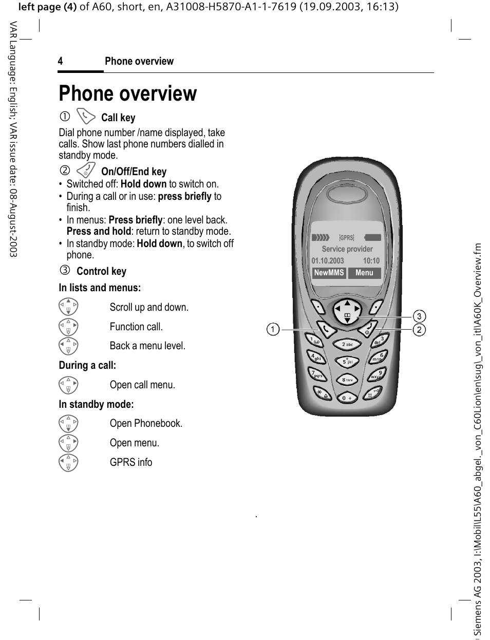 Phone overview | Siemens A60 User Manual | Page 5 / 62