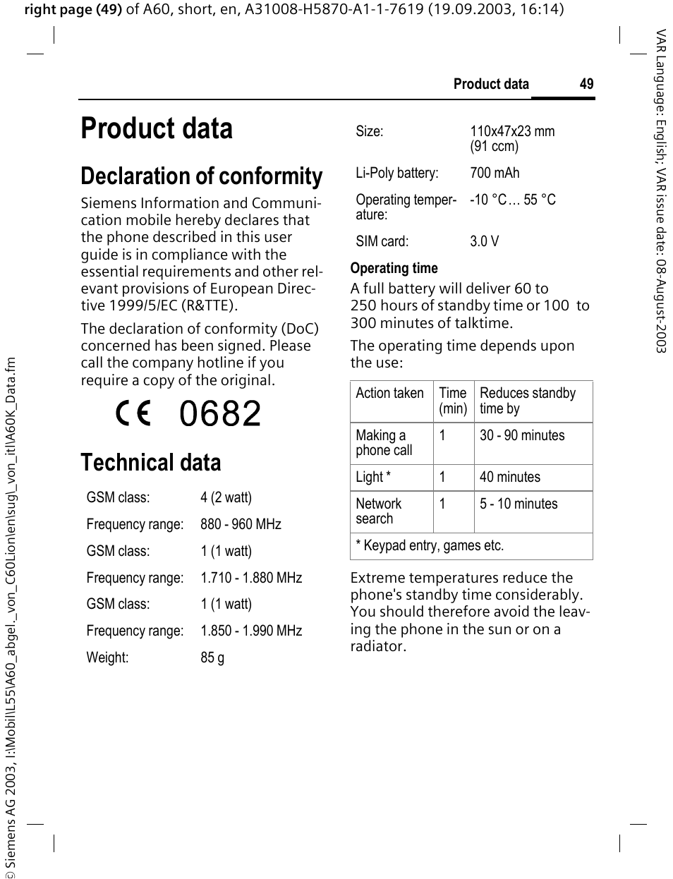 Product data, Declaration of conformity, Technical data | Siemens A60 User Manual | Page 50 / 62