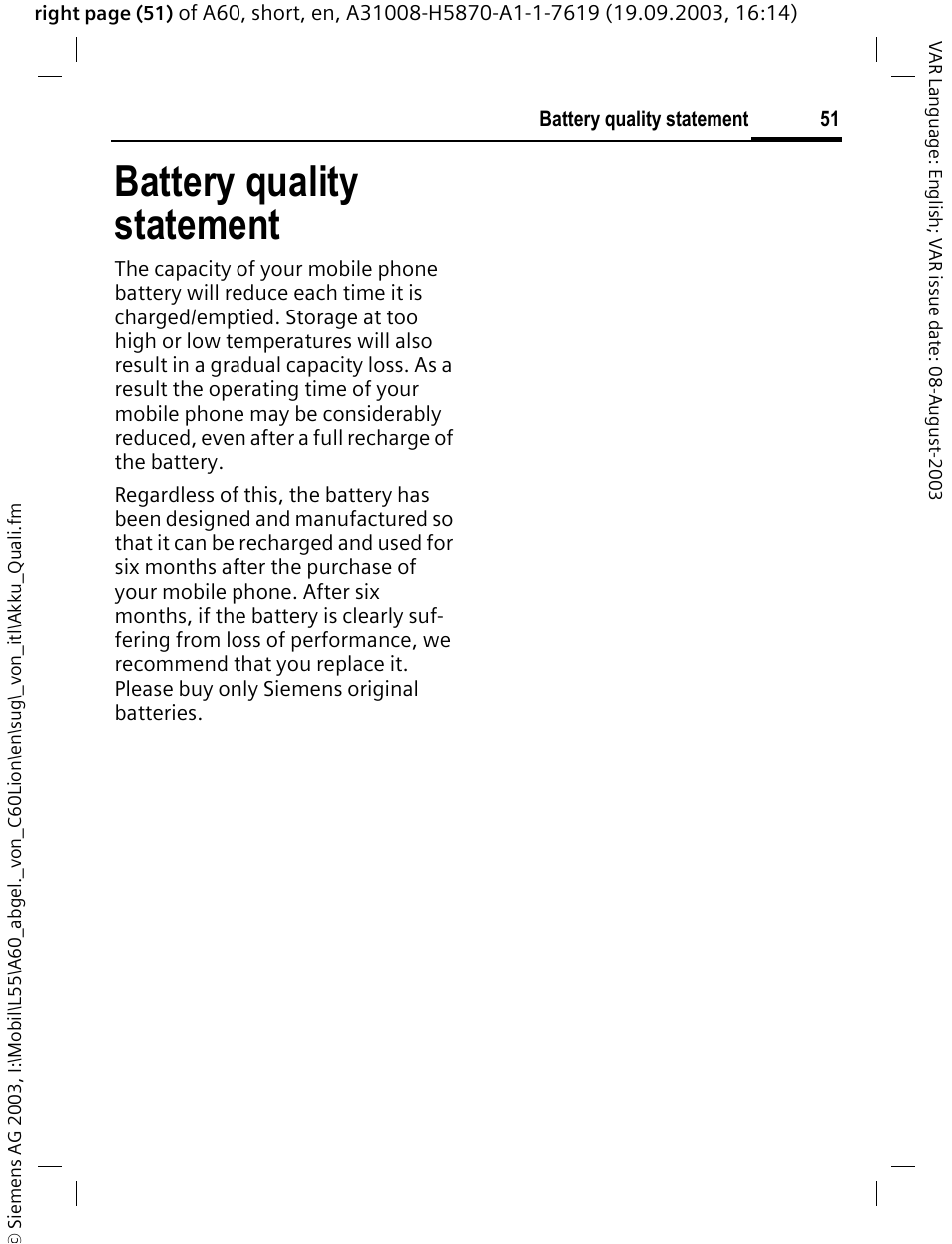 Battery quality statement | Siemens A60 User Manual | Page 52 / 62