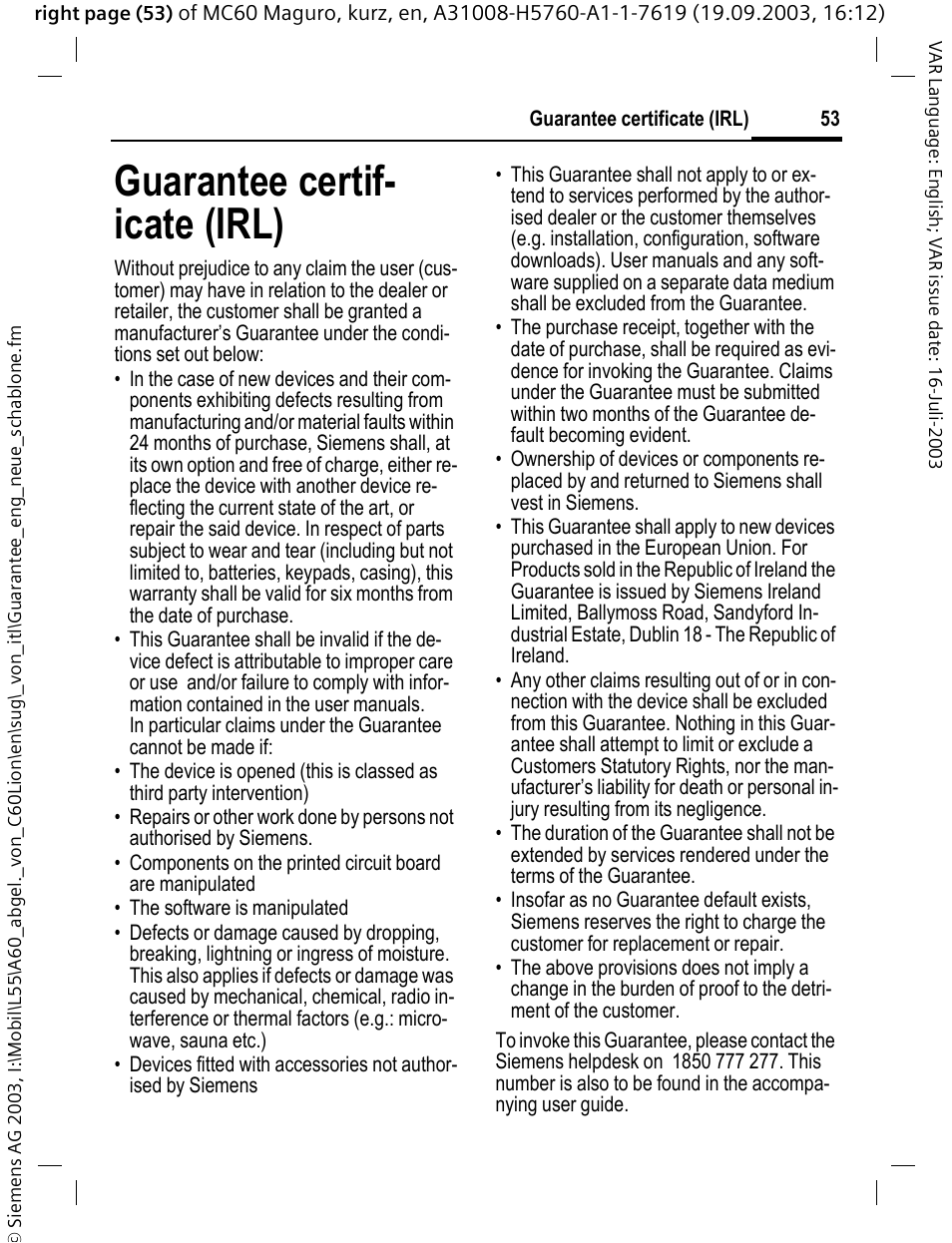 Guarantee certificate (irl), Guarantee certif- icate (irl) | Siemens A60 User Manual | Page 54 / 62