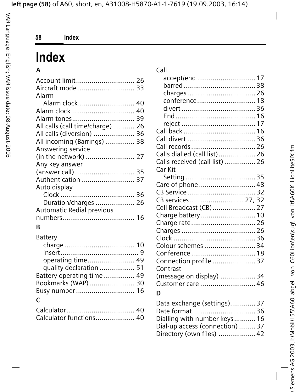 Index | Siemens A60 User Manual | Page 59 / 62