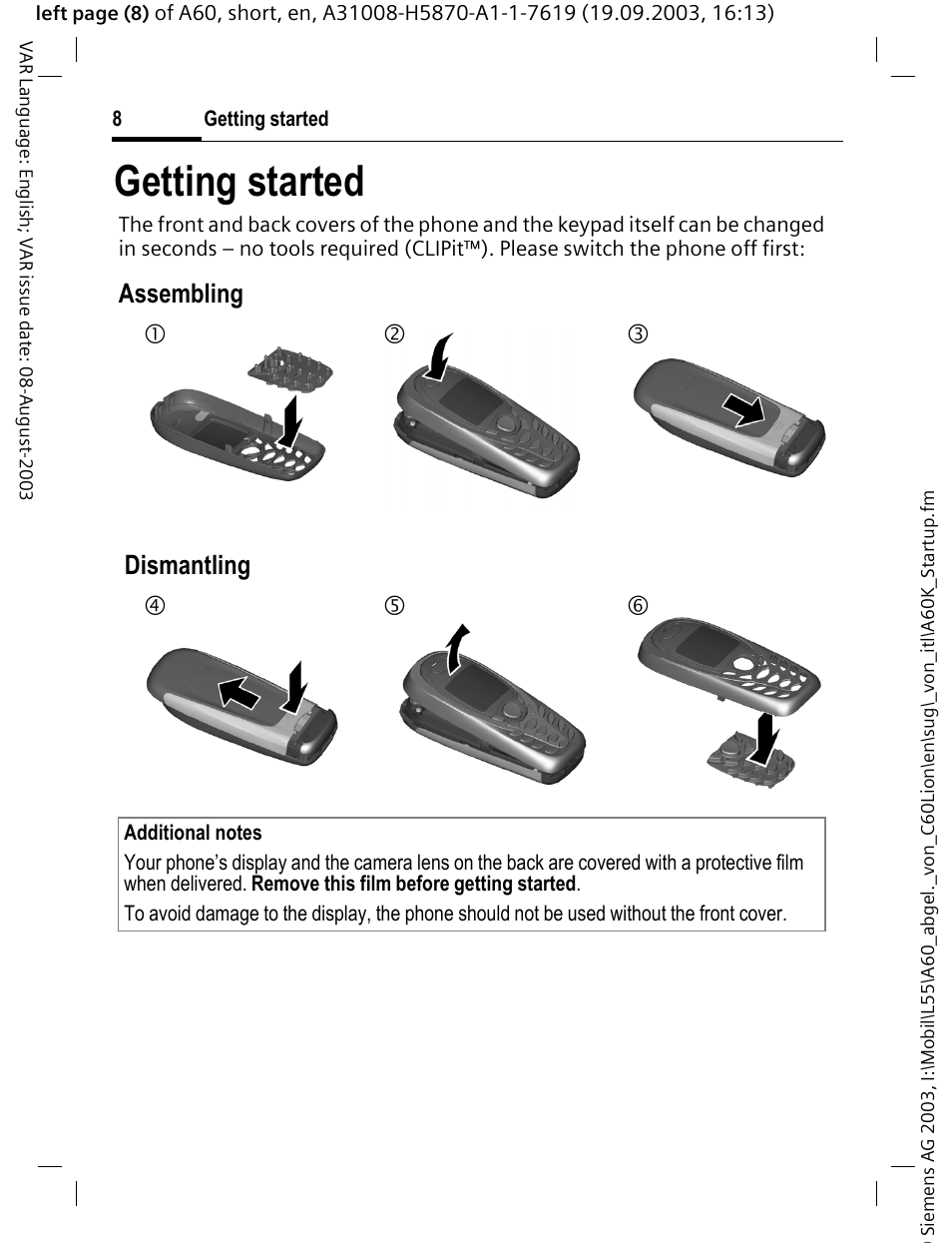 Getting started, Assembling dismantling | Siemens A60 User Manual | Page 9 / 62