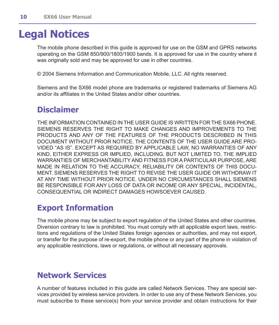 Legal notices, Disclaimer, Export information | Network services | Siemens SX66 User Manual | Page 10 / 179