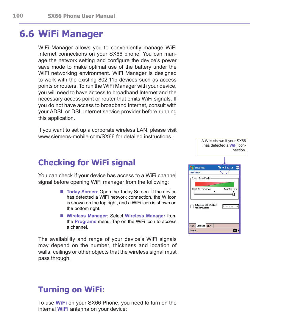 6 wifi manager, Checking for wifi signal, Turning on wifi | Siemens SX66 User Manual | Page 100 / 179