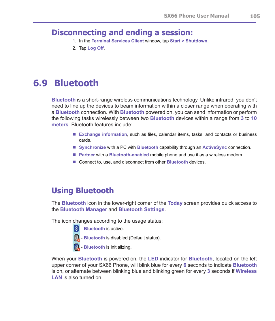 9 bluetooth, Disconnecting and ending a session, Using bluetooth | Siemens SX66 User Manual | Page 105 / 179