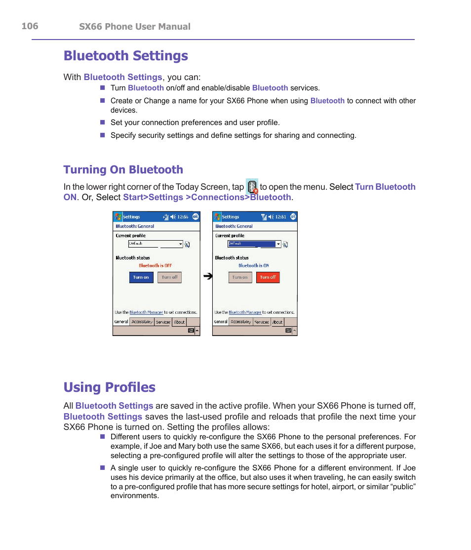 Bluetooth settings, Using profiles, Turning on bluetooth | Siemens SX66 User Manual | Page 106 / 179
