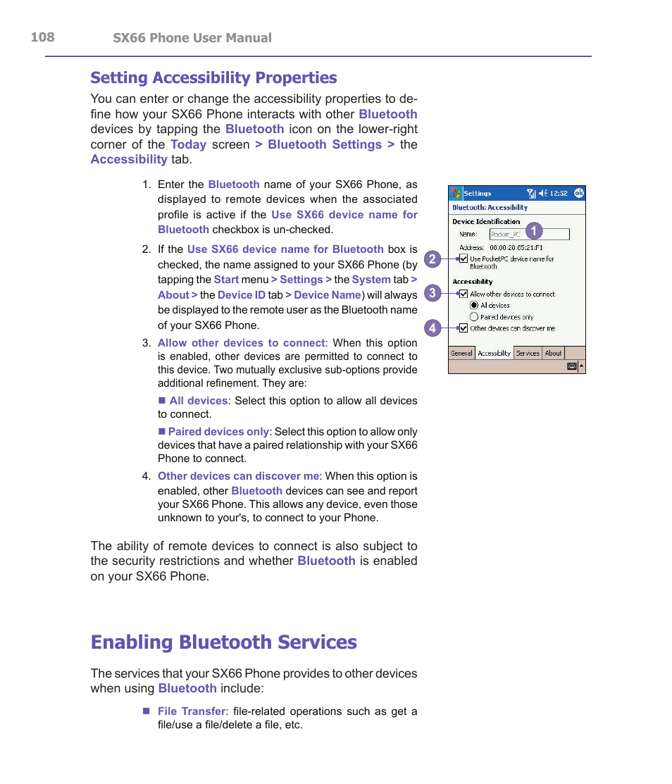 Enabling bluetooth services, Setting accessibility properties | Siemens SX66 User Manual | Page 108 / 179