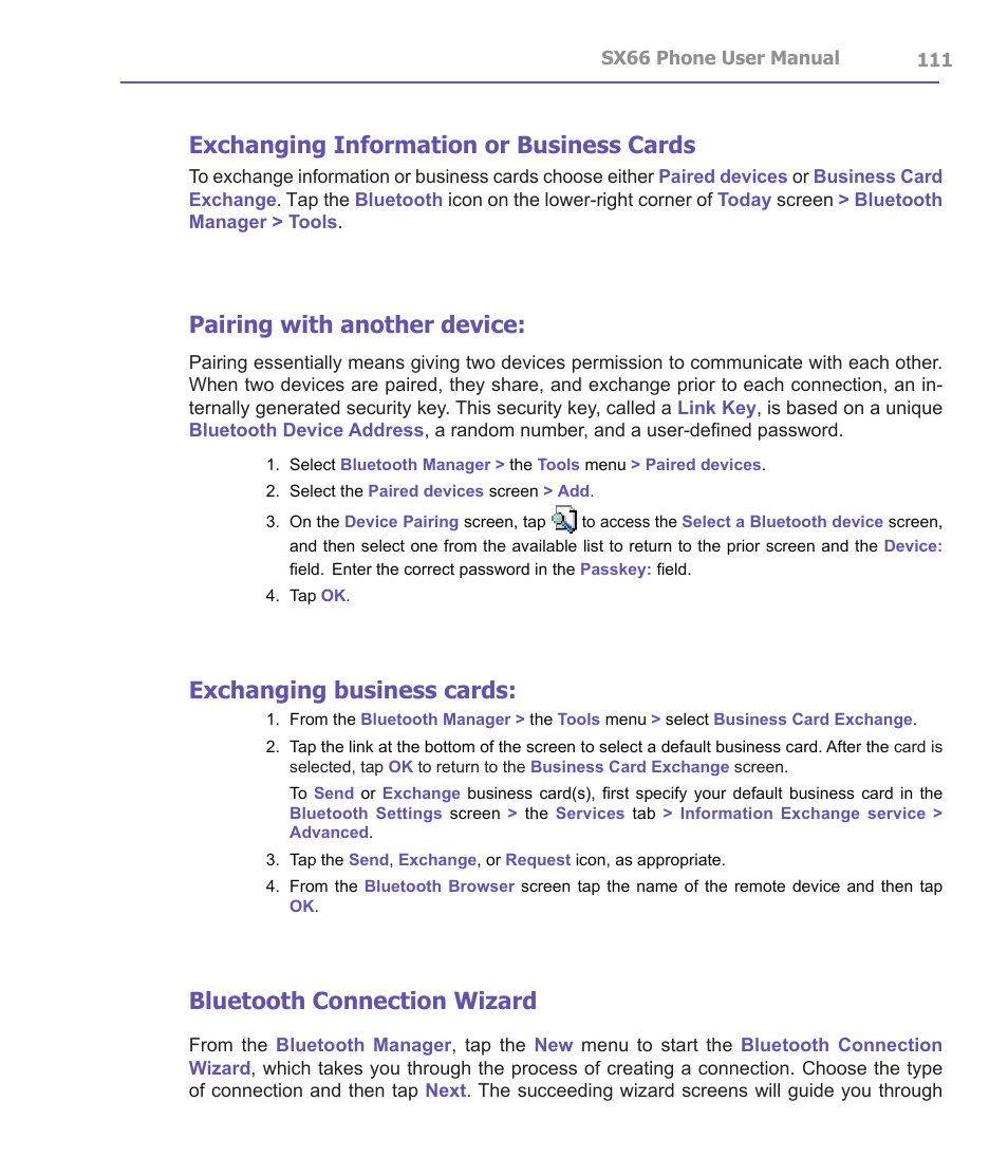 Exchanging information or business cards, Pairing with another device, Exchanging business cards | Bluetooth connection wizard | Siemens SX66 User Manual | Page 111 / 179